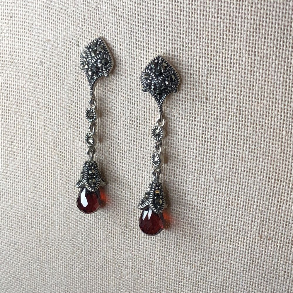 Vintage Red Garnet and Marcasite Long Drop Dangle Sterling Silver Earrings - Picture 12 of 14